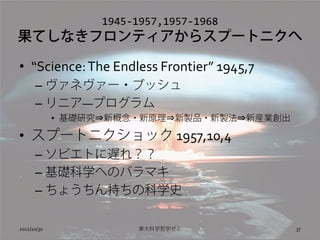 1945-1957,1957-1968
Ƥʤեƥ饹ש`ȥ˥

? Science: The Endless Frontier 1945,7
      C ͥ`?֥å
      C ˥Dץ
             ? Aо?¸?ԭ?uƷ?u?®bI

? ש`ȥ˥å 1957,10,4
      C ӥȤW죿
      C AѧؤΥХޥ
      C 礦֤οѧʷ

2012/10/30              |ѧѧ            37
 
