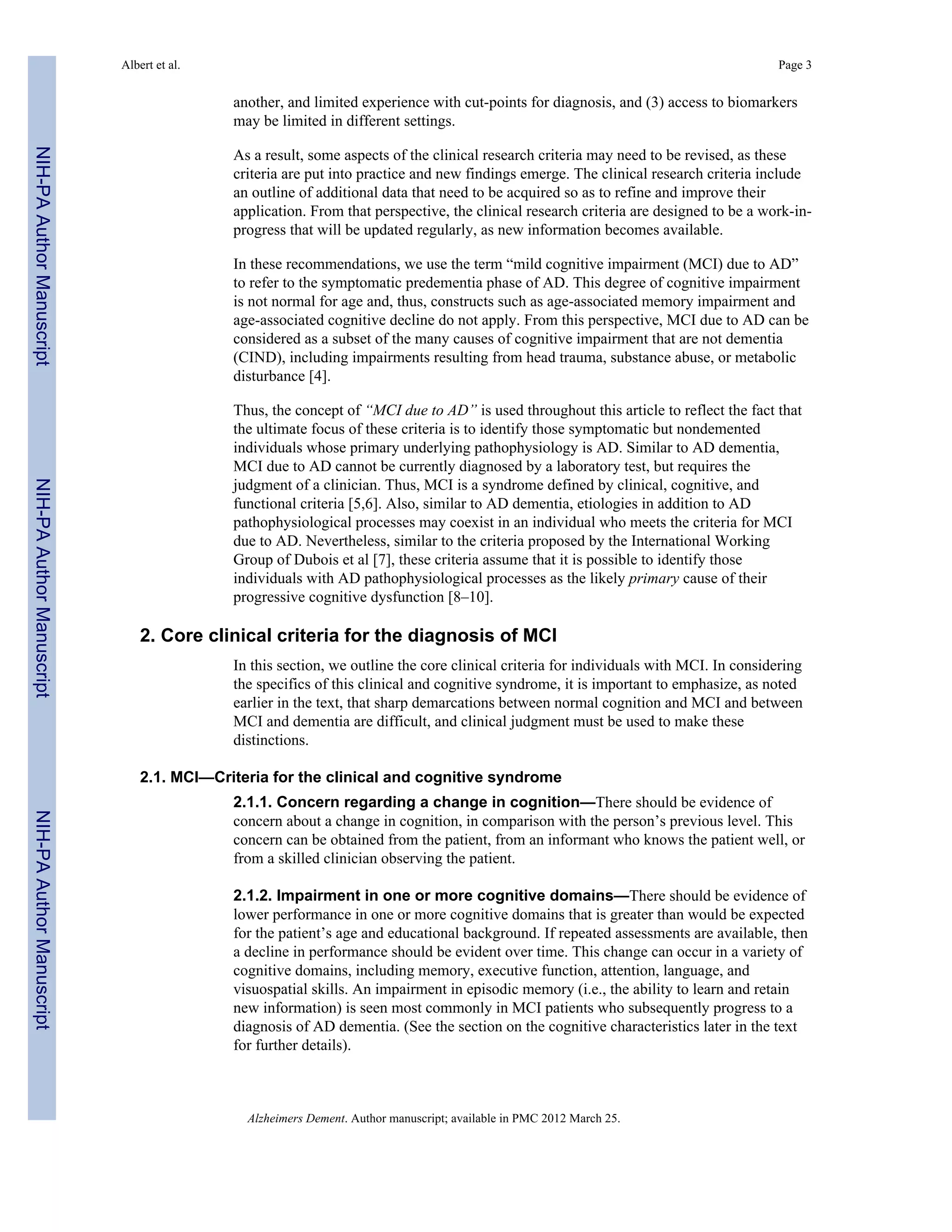 The diagnosis of mild cognitive impairment due to Alzheimer’s disease ...