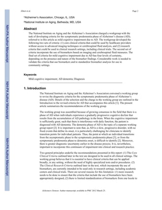 The diagnosis of mild cognitive impairment due to Alzheimer’s disease ...
