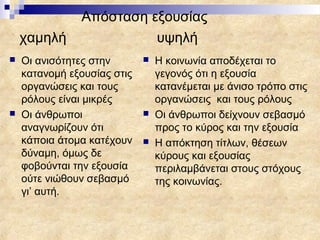 Απόσταση εξουσίας
    χαμηλή               υψηλή
   Οι ανισότητες στην          Η κοινωνία αποδέχεται το
    κατανομή εξουσίας στις       γεγονός ότι η εξουσία
    οργανώσεις και τους          κατανέμεται με άνισο τρόπο στις
    ρόλους είναι μικρές          οργανώσεις και τους ρόλους
   Οι άνθρωποι                 Οι άνθρωποι δείχνουν σεβασμό
    αναγνωρίζουν ότι             προς το κύρος και την εξουσία
    κάποια άτομα κατέχουν       Η απόκτηση τίτλων, θέσεων
    δύναμη, όμως δε              κύρους και εξουσίας
    φοβούνται την εξουσία        περιλαμβάνεται στους στόχους
    ούτε νιώθουν σεβασμό         της κοινωνίας.
    γι’ αυτή.
 