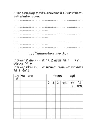 5. เพรำะเหตุใดบุคลำกรด้ำนคอมพิวเตอร์จึงเป็นส่วนที่มีควำม
สำำคัญสำำหรับระบบงำน
………………………………………………………………
………………………………
………………………………………………………………
………………………………
………………………………………………………………
………………………………
………………………………………………………………
………………………………
………………………………………………………………
………………………………
             แบบสัง เกตพฤติก รรมกำรเรีย น

เกณฑ์ก ำรให้ค ะแนน ดี ให้ 2 พอใช้ ให้ 1    ควร
ปรับปรุง ให้ 0
เกณฑ์ก ำรประเมิน   กำรผ่ำนกำรประเมินทุกรำยกำรต้อง
ได้ 1 ขึนไป
         ้
เลข ชื่อ – สกุล                 คะแนน         สรุป
 ที่
                           2 2     2    รวม   ผ่ำ     ไม่
                                              น      ผ่ำน
 