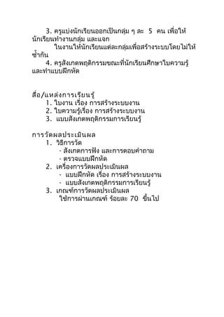 3. ครูแบ่งนักเรียนออกเป็นกลุ่ม ๆ ละ 5 คน เพื่อให้
นักเรียนทำางานกลุ่ม และแจก
         ในงานให้นักเรียนแต่ละกลุ่มเพื่อสร้างระบบโดยไม่ให้
ซำ้ากัน
      4. ครูสังเกตพฤติกรรมขณะที่นักเรียนศึกษาใบความรู้
และทำาแบบฝึกหัด


สื่อ /แหล่ง การเรีย นรู้
      1. ใบงาน เรื่อง การสร้างระบบงาน
      2. ใบความรู้เรื่อง การสร้างระบบงาน
      3. แบบสังเกตพฤติกรรมการเรียนรู้

การวัด ผลประเมิน ผล
   1. วิธีการวัด
        - สังเกตการฟัง และการตอบคำาถาม
        - ตรวจแบบฝึกหัด
   2. เครื่องการวัดผลประเมินผล
        - แบบฝึกหัด เรื่อง การสร้างระบบงาน
        - แบบสังเกตพฤติกรรมการเรียนรู้
   3. เกณฑ์การวัดผลประเมินผล
        ใช้การผ่านเกณฑ์ ร้อยละ 70 ขึ้นไป
 