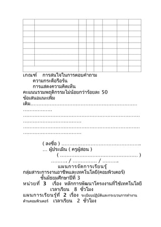 เกณฑ์ การสนใจในการตอบคำาถาม
     ความกระตือรือร้น
     การแสดงความคิดเห็น
คะแนนรวมพฤติกรรมไม่น้อยกว่าร้อยละ 50
ข้อเสนอแนะเพิ่ม
เติม…………………………………………………………
………………
………………………………………………………………
………………………………
………………………………………………………………
………………………………

           ( ลงชื่อ ) ………………………………………….
           … ผู้ประเมิน ( ครูผู้สอน )
                   ( ………………………………………… )
                 ………. / …………… / ……….
                    แผนการจัด การเรีย นรู้
กลุ่มสาระการงานอาชีพและเทคโนโลยี(คอมพิวเตอร์)
          ชั้นมัธยมศึกษาปีที่ 3
หน่ว ยที่ 3 เรื่อง หลักการพัฒนาโครงงานที่ใช้เทคโนโลยี
                เวลาเรียน 8 ชัวโมง
                                 ่
แผนการเรีย นรู้ท ี่ 2 เรื่อง ระเบียบปฏิบัติและกระบวนการทำางาน
ด้านคอมพิวเตอร์ เวลาเรียน 2 ชั่วโมง
 