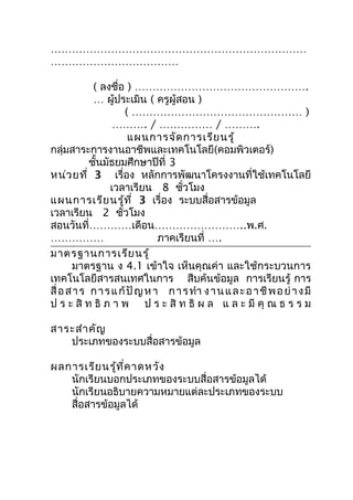 ………………………………………………………………
………………………………

             ( ลงชื่อ ) ………………………………………….
             … ผู้ประเมิน ( ครูผู้สอน )
                     ( ………………………………………… )
                   ………. / …………… / ……….
                       แผนการจัด การเรีย นรู้
กลุ่มสาระการงานอาชีพและเทคโนโลยี(คอมพิวเตอร์)
            ชั้นมัธยมศึกษาปีที่ 3
หน่ว ยที่ 3 เรื่อง หลักการพัฒนาโครงงานที่ใช้เทคโนโลยี
                  เวลาเรียน 8 ชัวโมง่
แผนการเรีย นรู้ท ี่ 3 เรื่อง ระบบสื่อสารข้อมูล
เวลาเรียน 2 ชั่วโมง
สอนวันที่…………เดือน……………………..พ.ศ.
……………                          ภาคเรียนที่ ….
มาตรฐานการเรีย นรู้
       มาตรฐาน ง 4.1 เข้าใจ เห็นคุณค่า และใช้กระบวนการ
เทคโนโลยีสารสนเทศในการ สืบค้นข้อมูล การเรียนรู้ การ
สื่ อ ส า ร ก า ร แ ก้ ปั ญ ห า ก า ร ทำา ง า น แ ล ะ อ า ชี พ อ ย่ า ง มี
ป ร ะ สิ ท ธิ ภ า พ ป ร ะ สิ ท ธิ ผ ล แ ล ะ มี คุ ณ ธ ร ร ม

สาระสำา คัญ
   ประเภทของระบบสื่อสารข้อมูล

ผลการเรีย นรู้ท ี่ค าดหวัง
   นักเรียนบอกประเภทของระบบสื่อสารข้อมูลได้
   นักเรียนอธิบายความหมายแต่ละประเภทของระบบ
   สื่อสารข้อมูลได้
 