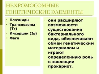 НЕХРОМОСОМНЫЕ
ГЕНЕТИЧЕСКИЕ ЭЛЕМЕНТЫ
•   Плазмиды        •   они расширяют
•   Транспозоны         возможности
    (Tr)                существования
•   Инсерции (Is)       бактериального
•   Фаги                вида, обеспечивают
                        обмен генетическим
                        материалом и
                        играют
                        определенную роль
                        в эволюции
                        прокариот.
 