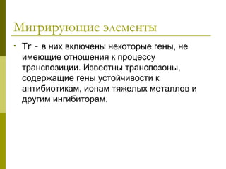 Мигрирующие элементы
•   Tr - в них включены некоторые гены, не
    имеющие отношения к процессу
    транспозиции. Известны транспозоны,
    содержащие гены устойчивости к
    антибиотикам, ионам тяжелых металлов и
    другим ингибиторам.
 