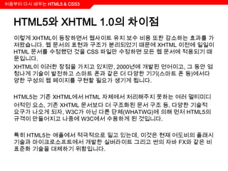 처음부터 다시 배우는 HTML5 & CSS3



  HTML5와 XHTML 1.0의 차이점
  이렇게 XHTML이 등장하면서 웹사이트 유지 보수 비용 또한 감소하는 효과를 가
  져왔습니다. 웹 문서의 표현과 구조가 분리되었기 때문에 XHTML 이전에 일일이
  HTML 문서를 수정했던 것을 CSS 파일만 수정하면 모든 웹 문서에 적용되기 때
  문입니다.
  XHTML이 이러한 장점을 가지고 있지만, 2000년에 개발된 언어이고, 그 동안 엄
  청나게 기술이 발전하고 스마트 폰과 같은 더 다양한 기기(스마트 폰 등)에서다
  양한 구성의 웹 페이지를 구현할 필요가 생기게 됩니다.

  HTML5는 기존 XHTML에서 HTML 자체에서 처리해주지 못하는 여러 멀티미디
  어적인 요소, 기존 XHTML 문서보다 더 구조화된 문서 구조 등, 다양한 기술적
  요구가 나오게 되자, W3C가 아닌 다른 단체(WHATWG)에 의해 먼저 HTML5의
  규격이 만들어지고 나중에 W3C에서 수용하게 된 것입니다.

  특히 HTML5는 애플에서 적극적으로 밀고 있는데, 이것은 현재 어도비의 플래시
  기술과 마이크로소프트에서 개발한 실버라이트 그리고 썬의 자바 FX와 같은 비
  표준화 기술을 대체하기 위함입니다.
 