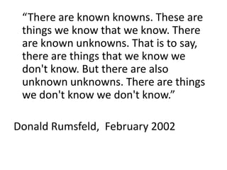 “There are known knowns. These are
 things we know that we know. There
 are known unknowns. That is to say,
 there are things that we know we
 don't know. But there are also
 unknown unknowns. There are things
 we don't know we don't know.”

Donald Rumsfeld, February 2002
 
