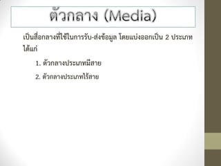 เป็นสื่อกลางที่ใช้ในการรับ-ส่งข้อมูล โดยแบ่งออกเป็น 2 ประเภท
ได้แก่
    1. ตัวกลางประเภทมีสาย
    2. ตัวกลางประเภทไร้สาย
 
