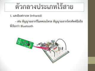 1. แสงอินฟราเรด (Infrared)
       - เช่น สัญญาณจากรีโมตคอนโทรล สัญญาณจากโทรศัพท์มือถือ
ที่เรียกว่า Bluetooth
 