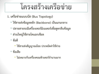 1. เครือข่ายแบบบัส (Bus Topology)
  • ใช้สายส่งข้อมูลหลัก (Backbone) เป็นแกนกลาง
  • ปลายสายจะมีเครื่องเทอร์มิเนเตอร์เพื่อดูดกลืนข้อมูล
  • ส่วนใหญ่ใช้สายโคแอกเชียล
  • ข้อดี
     • ใช้สายส่งสัญญาณน้อย ประหยัดค่าใช้จ่าย
  • ข้อเสีย
     • ไม่เหมาะกับเครื่องคอมพิวเตอร์จานวนมาก
 