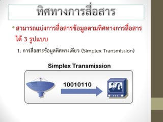•สามารถแบ่งการสื่อสารข้อมูลตามทิศทางการสื่อสาร
 ได้ 3 รูปแบบ
 1. การสื่อสารข้อมูลทิศทางเดียว (Simplex Transmission)
 