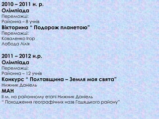 2010 – 2011 н. р.
Олімпіада
Переможці:
Районна – 8 учнів
Вікторина “ Подорож планетою”
Переможці:
Коваленко Ігор
Лобода Лілія

2011 – 2012 н.р.
Олімпіада
Переможці:
Районна – 12 учнів
Конкурс “ Полтавщина – Земля моя свята”
Нижник Даніель
МАН
ІІ м. на районному етапі Нижник Даніель
“ Походження географічних назв Гадяцького району”
 