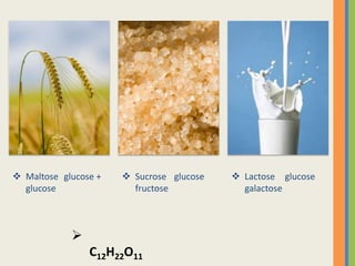  Maltose glucose +    Sucrose glucose    Lactose glucose
  glucose               fructose            galactose



     ...