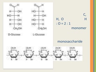 C,
H, O              H
:O=2:1
         monomer


monosaccharide
 