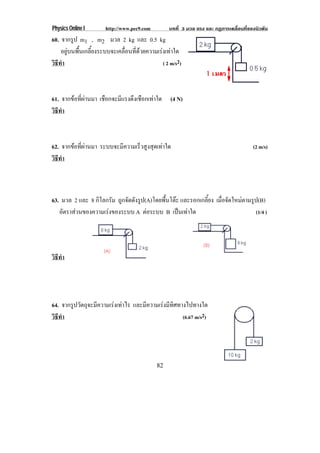 Physics Online I       http://www.pec9.com         บทที่ 3 มวล แรง และ กฏการเคลื่อนที่ของนิวตัน
60. จากรูป m1 , m2 มวล 2 kg และ 0.5 kg
    อยูบนพื้นเกลี้ยงระบบจะเคลื่อนที่ดวยความเรงเทาใด
วธทา
 ิี ํ                                           ( 2 m/s2)



61. จากขอที่ผานมา เชอกจะมแรงดงเชอกเทาใด
                      ื    ี ึ ื                   (4 N)
วธทา
 ิี ํ



62. จากขอที่ผานมา ระบบจะมีความเร็วสูงสุดเทาใด                                        (2 m/s)
วธทา
 ิี ํ



63. มวล 2 และ 8 กิโลกรัม ถกจดดงรป(A)โดยพืนโตะ และรอกเกลี้ยง เมอจดใหมตามรป(B)
                          ู ั ั ู        ้                     ่ื ั   ู
   อตราสวนของความเรงของระบบ A ตอระบบ B เปนเทาใด
    ั                                                                  (1/4 )




วธทา
 ิี ํ




64. จากรูปวัตถุจะมีความเรงเทาไร และมีความเรงมีทิศทางไปทางใด
วธทา
 ิี ํ                                                 (6.67 m/s2)




                                              82
 