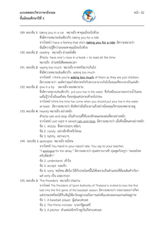 แบบทดสอบวิชาภาษาอังกฤษ                                               หน้า 82
ชั้นมัธยมศึกษาปีที่ 3
___________________________________________________________________________
189. ตอบข้อ 1 taking you in a car หมายถึง พาคุณนั่งรถไปด้วย
              ซึ่งมีความหมายเช่นเดียวกับ taking you for a ride
              จากโจทย์ I have a feeling that she's taking you for a ride. มีความหมายว่า
              ฉันมีความรู้สึกว่าเธอจะพาคุณนั่งรถไปด้วย
190. ตอบข้อ 2 reading หมายถึง อ่านหนังสือ
              สํานวน have one’s nose in a book = to read all the time
              หมายถึง อ่านหนังสือตลอดเวลา
191. ตอบข้อ 2 saying too much หมายถึง คาดหวังมากเกินไป
              ซึ่งมีความหมายเช่นเดียวกับ asking too much
              จากโจทย์ I think you're asking too much of them as they are just children.
                มีความหมายว่า ผมคิดว่าคุณกําลังคาดหวังกับพวกเขามากเกินไปในขณะที่พวกเขาเป็นแค่เด็ก
192. ตอบข้อ 2 give it a try หมายถึง ลองพยายาม
                ซึ่งมีความหมายเช่นเดียวกับ put your toe in the water ซึ่งก็เหมือนเวลาจะลงว่ายน้ําในสระ
                แต่ไม่รู้ว่าน้ําเย็นแค่ไหน ก็ลองจุ่มแค่ปลายเท้าลงไปก่อน
                จากโจทย์ I think the time has come when you should put your toe in the water
              at least. มีความหมายว่า ฉันคิดว่ามันถึงเวลาแล้วอย่างน้อยคุณก็ควรลองพยายามดู
193. ตอบข้อ 4 heavily หมายถึง อย่างหนัก
              สํานวน cats and dogs เป็นสํานวนที่ใช้บอกลักษณะของฝนที่ตกอย่างหนัก
              จากโจทย์ Last night it rained cats and dogs. มีความหมายว่า เมื่อคืนนี้ฝนตกอย่างหนัก
              ข้อ 1. drizzly ซึ่งตกปรอยๆ หยิมๆ
              ข้อ 2. noisily อย่างอึกทึกครึกโครม
              ข้อ 3. lightly อย่างเบาๆ
194. ตอบข้อ 1 apologize หมายถึง ขอโทษ
              จากโจทย์ You hand in your report late. You say to your teacher,
                “I apologize for the delay.” มีความหมายว่า คุณส่งรายงานช้า คุณพูดกับครูว่า “ผมขอโทษ
              ครับที่ส่งช้า”
              ข้อ 2. understand เข้าใจ
              ข้อ 3. accept ยอมรับ
              ข้อ 4. sorry ขอโทษ เสียใจ (ใช้กับประโยคนี้ไม่ได้เพราะเป็นตําแหน่งที่ต้องเติมคํากริยา
              แต่ sorry เป็น adjective)
195. ตอบข้อ 3 The President หมายถึง ประธาน
                จากโจทย์ The President of Sport Authority of Thailand is invited to toss the first
                ball into the first game of the baseball season. มีความหมายว่า ประธานของการกีฬา
                แห่งประเทศไทยได้รับเชิญให้มาโยนลูกบอลในการแข่งขันเบสบอลเกมแรกแห่งฤดูกาล
                ข้อ 1. A baseball player ผู้เล่นเบสบอล
                ข้อ 2. The Prime minister นายกรัฐมนตรี
                ข้อ 3. A pitcher ตําแหน่งนักขว้างลูกในกีฬาเบสบอล
 