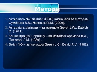 Методи
1. Активність NО-синтази (NOS) визначали за методом
   Сумбаєва В.В., Ясинської І.М. (2000).
2. Активність аргінази – за методом Geyer J.W., Dabich
   D. (1971).
3. Концентрацію L-аргініну – за методом Храмова В.А.,
   Петрової Л.М. (1980) .
4. Вміст NО – за методом Grееn L.С., David А.V. (1982)
 