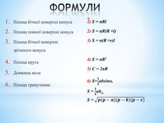 1.   Площа бічної поверхні конуса   *
2.   Площа повної поверхні конуса

3.   Площа бічної поверхні
     зрізаного конуса

4.   Площа круга

5.   Довжина кола

6.   Площа трикутника
 