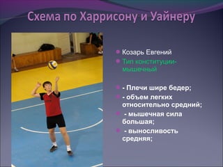 Козарь Евгений
Тип конституции-
 мышечный

- Плечи шире бедер;
- объем легких
 относительно средний;
 - мышечная сила
 большая;
 - выносливость
 средняя;
 