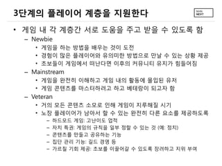 3단계의 플레이어 계층을 지원한다
• 게임 내 각 계층간 서로 도움을 주고 받을 수 있도록 함
 – Newbie
    • 게임을 하는 방법을 배우는 것이 도전
    • 경험이 많은 플레이어와 유의미한 방법으로 만날 수 있는 상황 제공
    • 초보들이 게임에서 떠난다면 이후의 커뮤니티 유지가 힘들어짐
 – Mainstream
    • 게임을 완전히 이해하고 게임 내의 활동에 몰입된 유저
    • 게임 콘텐츠를 마스터하려고 하고 베테랑이 되고자 함
 – Veteran
    • 거의 모든 콘텐츠 소모로 인해 게임이 지루해질 시기
    • 노장 플레이어가 남아서 할 수 있는 완전히 다른 요소를 제공하도록
        –   하드모드 게임: 고난이도 업적
        –   자치 특권: 게임의 규칙을 일부 정할 수 있는 것 (예: 정치)
        –   콘텐츠를 만들고 공유하는 기능
        –   집단 관리 기능: 길드 경영 등
        –   가르칠 기회 제공: 초보를 이끌어갈 수 있도록 장려하고 지위 부여
 