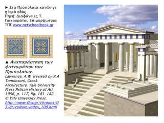 ► ΢σα Πποπόλαια κασέληγε
η Ιεπά οδϋρ
Πηγή: Διαυάνειερ Σ.
Γιακοτμάσοτ Επιμοπυύσπια
ΣΠΕ www.netschoolbook.gr
▲ Αναπαπάςσαςη σψν
υασνψμάσψν σψν
Πποπτλαίψν.
Lawrence, A.W, (revised by R.A
Tomlinson), Greek
Architecture, Yale University
Press Pelican History of Art
1996, p. 117, fig. 181-182.
© Yale University Press.
http://www.fhw.gr/chronos/0
5/gr/culture/index_100.html
 