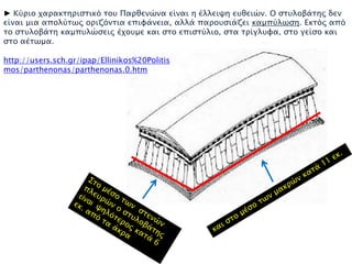 ► Κόπιο φαπακσηπιςσικϋ σοτ Παπθενύνα είναι η έλλειχη ετθειύν. Ο ςστλοβάσηρ δεν
είναι μια απολόσψρ οπιζϋνσια επιυάνεια, αλλά παποτςιάζει καμπόλψςη. Εκσϋρ απϋ
σο ςστλοβάση καμπτλύςειρ έφοτμε και ςσο επιςσόλιο, ςσα σπίγλτυα, ςσο γείςο και
ςσο αέσψμα.
http://users.sch.gr/ipap/Ellinikos%20Politis
mos/parthenonas/parthenonas.0.htm
 