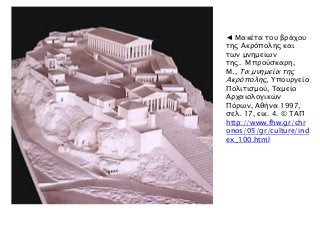 ◄ Μακέτα του βράχου
της Ακρόπολης και
των μνημείων
της. Μπρούσκαρη,
Μ., Τα μνημεία της
Ακρόπολης, Υπουργείο
Πολιτισμού, Ταμείο
Αρχαιολογικών
Πόρων, Αθήνα 1997,
σελ. 17, εικ. 4. © ΤΑΠ
http://www.fhw.gr/chr
onos/05/gr/culture/ind
ex_100.html
 