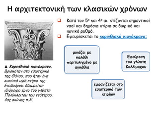 Η αρχιτεκτονική των κλασικών χρόνων
μοιάζει με
καλάθι
περιτυλιγμένο
με αγκάθια
εμφανίζεται
στο
εσωτερικό
των κτιρίων
Εφεύρεση
του γλύπτη
Καλλίμαχου▲ Κορινθιακό κιονόκρανο.
Βρισκόταν στο εσωτερικό
της Θόλου, που ήταν ένα
κυκλικό ιερό κτίριο της
Επιδαύρου. Θεωρείται
ιδιόχειρο έργο του γλύπτη
Πολύκλειτου του νεότερου.
4ος αιώνας π.Χ.
 Κατά τον 5ο και 4ο αι. κτίζονται
σημαντικοί ναοί και δημόσια κτίρια σε
δωρικό και ιωνικό ρυθμό.
 Εφευρίσκεται το κορινθιακό κιονόκρανο:
 