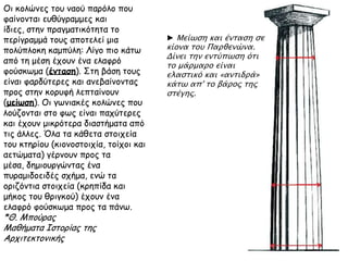 Οι κολώνες του ναού παρόλο που φαίνονται
ευθύγραμμες και ίδιες, στην πραγματικότητα το
περίγραμμά τους αποτελεί μια πολύπλοκη καμπύλη:
Λίγο πιο κάτω από τη μέση έχουν ένα ελαφρό
φούσκωμα (ένταση). Στη βάση τους είναι φαρδύτερες
και ανεβαίνοντας προς στην κορυφή λεπταίνουν
(μείωση). Οι γωνιακές κολώνες που λούζονται στο φως
είναι παχύτερες και έχουν μικρότερα διαστήματα από
τις άλλες. Όλα τα κάθετα στοιχεία του κτηρίου
(κιονοστοιχία, τοίχοι και αετώματα) γέρνουν προς τα
μέσα, δημιουργώντας ένα πυραμιδοειδές σχήμα, ενώ τα
οριζόντια στοιχεία (κρηπίδα και μήκος του θριγκού)
έχουν ένα ελαφρό φούσκωμα προς τα πάνω.
*Θ. Μπούρας
Μαθήματα Ιστορίας της Αρχιτεκτονικής
► Μείωση και ένταση σε
κίονα του Παρθενώνα.
Δίνει την εντύπωση ότι
το μάρμαρο είναι
ελαστικό και «αντιδρά»
κάτω απ' το βάρος της
στέγης.
 