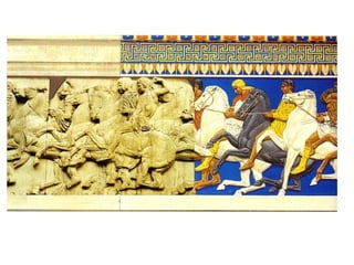 Ancient Greek ~432 B.C.
Στη στέγη η οποία ήταν δίρριχτη. Τα κεραμίδια του Παρθενώνα ήταν κι αυτά από λευκό μάρμαρο
κι επειδή ήταν αρκετά λεπτά φίλτραραν το φως του ήλιου και χάριζαν στο εσωτερικό του ναού
ένα γλαυκό χρώμα. Στις μακριές πλευρές τα κεραμίδια καταλήγουν σε ακροκέραμα με τη μορφή
ανθεμίου. Στις τέσσερις άκρες της στέγης υπάρχουν λεοντοκεφαλές - ψευδοϋδρορόες. Τέλος στην
κορυφή των αετωμάτων υπήρχαν τα ακρωτήρια, ενώ στη μέση, στην κορυφή της στέγης υπήρχε
ένα τεράστιο ανθέμιο.
http://users.sch.gr/ipap/Ellinikos%20Politismos/parthenonas/parthenonas.0.htm
 