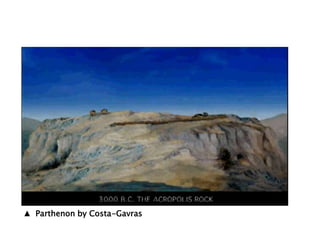 ▲ Ο ναός της Αθηνάς Νίκης (427-424 π.Χ.).
Έργο του αρχιτέκτονα Καλλικράτη. Η χάρη και η κομψότητα του ναού είναι
απαράμιλλες, καθώς αυτός υψώνεται επάνω σε πύργο, που από τα μυκηναϊκά
χρόνια προστάτευε την είσοδο της Ακρόπολης. Ο ναός είναι αμφιπρό-στυλος:
τέσσερις κίονες ιωνικού ρυθμού βρίσκονται στην πρόσοψη και άλλοι τέσσερις
στην πίσω πλευρά. Στη ζωφόρο ο γλυπτός διάκοσμος απεικονίζει τη μάχη των
Πλαταιών. Πρόκειται για μια ακόμη καινοτομία, εφόσον το θέμα δεν προέρχεται
από τη μυθολογία αλλά από την ιστορία.
 