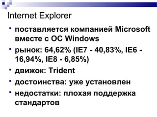 Internet Explorer
 поставляется компанией Microsoft
вместе с ОС Windows
 рынок: 64,62% (IE7 - 40,83%, IE6 -
16,94%, IE8 - 6,85%)
 движок: Trident
 достоинства: уже установлен
 недостатки: плохая поддержка
стандартов
 
