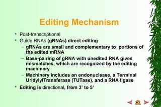 Editing Mechanism
 Post-transcriptional
 Guide RNAs (gRNAs) direct editing
– gRNAs are small and complementary to portions of
the edited mRNA
– Base-pairing of gRNA with unedited RNA gives
mismatches, which are recognized by the editing
machinery
– Machinery includes an endonuclease, a Terminal
UridylylTransferase (TUTase), and a RNA ligase
 Editing is directional, from 3’ to 5’
 