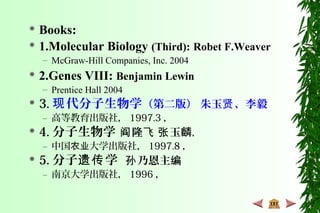  Books:
 1.Molecular Biology (Third): Robet F.Weaver
– McGraw-Hill Companies, Inc. 2004
 2.Genes VIII: Benjamin Lewin
– Prentice Hall 2004
 3. 代分子生物学现 （第二版） 朱玉 、李毅贤
– 高等教育出版社， 1997.3 ，
 4. 分子生物学 隆 玉麟阎 飞 张 ，
– 中国 大学出版社，农业 1997.8 ，
 5. 分子 学遗传 乃恩主孙 编
– 南京大学出版社， 1996 ，
 