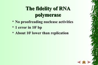 The fidelity of RNAThe fidelity of RNA
polymerasepolymerase
 No proofreading nuclease activities
 1 error in 105
bp
 About 105
lower than replication
 