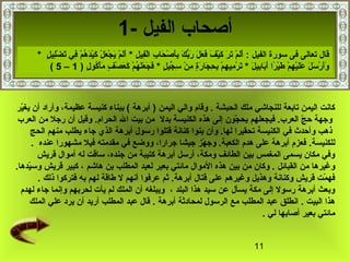 11
‫الفيل‬ ‫أصحاب‬-1
‫الحبشة‬ ‫ملك‬ ‫للنجاشي‬ ‫تابعة‬ ‫اليمن‬ ‫كانت‬) ‫اليمن‬ ‫والي‬ ‫وقام‬ .‫أبرهة‬‫كنيسة‬ ‫ببناء‬ (‫ير‬ّ‫ر‬‫يغ‬ ‫أن‬ ‫وأراد‬ ،‫عظيمة‬
‫فيجعلهم‬ .‫العرب‬ ‫ج‬ّ‫ر‬ ‫ح‬ ‫وجهة‬‫بدل‬ ‫الكنيسة‬ ‫هذه‬ ‫إلى‬ ‫جون‬ّ‫ر‬ ‫يح‬.‫الحرام‬ ‫ال‬ ‫بيت‬ ‫من‬‫العرب‬ ‫من‬ ‫رجل‬ ‫أن‬ ‫وقيل‬
‫وأن‬ .‫لها‬ ‫تحقيرا‬ ‫الكنيسة‬ ‫في‬ ‫وأحدث‬ ‫ذهب‬‫بنو‬‫ا‬‫الحج‬ ‫منهم‬ ‫يطلب‬ ‫جاء‬ ‫الذي‬ ‫أبرهة‬ ‫رسول‬ ‫قتلوا‬ ‫كنانة‬
.‫للكنيسة‬‫عنده‬ ‫مشهورا‬ ‫فيل‬ ‫مقدمته‬ ‫في‬ ‫ووضع‬ ،‫جرارا‬ ‫جيشا‬ ‫هز‬ّ‫ر‬ ‫وج‬ .‫الكعبة‬ ‫هدم‬ ‫على‬ ‫أبرهة‬ ‫فعزم‬.
‫من‬ ‫كتيبة‬ ‫أبرهة‬ ‫أرسل‬ ،‫ومكة‬ ‫الطائف‬ ‫بين‬ ‫المغمس‬ ‫يسمى‬ ‫مكان‬ ‫وفي‬‫قريش‬ ‫أموال‬ ‫له‬ ‫ساقت‬ ،‫جنده‬
‫القبائل‬ ‫من‬ ‫وغيرها‬‫هاشم‬ ‫بن‬ ‫المطلب‬ ‫لعبد‬ ‫بعير‬ ‫مائتي‬ ‫الموال‬ ‫هذه‬ ‫بين‬ ‫من‬ ‫وكان‬ ..‫يدها‬ّ‫ر‬‫وس‬ ‫قريش‬ ‫كبير‬ ،
.‫أبرهة‬ ‫قتال‬ ‫على‬ ‫وغيرهم‬ ‫وهذيل‬ ‫وكنانة‬ ‫قريش‬ ‫مت‬ّ‫ر‬ ‫فه‬‫ذلك‬ ‫فتركوا‬ ‫به‬ ‫لهم‬ ‫طاقة‬ ‫ل‬ ‫أنهم‬ ‫عرفوا‬ ‫ثم‬.
‫البلد‬ ‫هذا‬ ‫سيد‬ ‫عن‬ ‫يسأل‬ ‫مكة‬ ‫إلى‬ ‫رسول‬ ‫أبرهة‬ ‫وبعث‬،‫ي‬ ‫لم‬ ‫الملك‬ ‫أن‬ ‫ويبلغه‬‫أ‬‫لهدم‬ ‫جاء‬ ‫وإنما‬ ‫لحربهم‬ ‫ت‬
‫البيت‬ ‫هذا‬.‫أبرهة‬ ‫لمحادثة‬ ‫الرسول‬ ‫مع‬ ‫المطلب‬ ‫عبد‬ ‫انطلق‬.‫الملك‬ ‫علي‬ ‫يرد‬ ‫أن‬ ‫أريد‬ ‫المطلب‬ ‫عبد‬ ‫قال‬
‫لي‬ ‫أصابها‬ ‫بعير‬ ‫مائتي‬.
: ‫الفيل‬ ‫سورة‬ ‫فى‬ ‫تعالى‬ ‫قال‬‫ل‬ِ‫ُث‬ ‫في‬ِ‫ُث‬‫ل‬ْ‫َص‬‫ا‬ ‫ب‬ِ‫ُث‬ ‫حا‬َ‫ًد‬ ‫ص‬ْ‫َص‬ ‫أ‬َ‫ًد‬‫ب‬ِ‫ُث‬ ‫ك‬َ‫ًد‬ ‫ب‬ُّ ‫ر‬َ‫ًد‬ ‫ل‬َ‫ًد‬ ‫ع‬َ‫ًد‬ ‫ف‬َ‫ًد‬ ‫ف‬َ‫ًد‬ ‫ي‬ْ‫َص‬‫ك‬َ‫ًد‬ ‫ر‬َ‫ًد‬ ‫ت‬َ‫ًد‬ ‫م‬ْ‫َص‬ ‫ل‬َ‫ًد‬‫أ‬َ‫ًد‬*‫ل‬ٍ  ‫لي‬ِ‫ُث‬‫ض‬ْ‫َص‬ ‫ت‬َ‫ًد‬ ‫في‬ِ‫ُث‬ ‫م‬ْ‫َص‬ ‫ه‬ُ‫او‬ ‫د‬َ‫ًد‬‫ي‬ْ‫َص‬‫ك‬َ‫ًد‬ ‫ل‬ْ‫َص‬ ‫ع‬َ‫ًد‬ ‫ج‬ْ‫َص‬ ‫ي‬َ‫ًد‬ ‫م‬ْ‫َص‬ ‫ل‬َ‫ًد‬‫أ‬َ‫ًد‬*
‫ل‬َ‫ًد‬ ‫بي‬ِ‫ُث‬‫با‬َ‫ًد‬‫أ‬َ‫ًد‬ ‫را‬ً‫ ا‬ ‫ي‬ْ‫َص‬‫ط‬َ‫ًد‬ ‫م‬ْ‫َص‬ ‫ه‬ِ‫ُث‬ ‫ي‬ْ‫َص‬‫ل‬َ‫ًد‬‫ع‬َ‫ًد‬ ‫ل‬َ‫ًد‬ ‫س‬َ‫ًد‬ ‫ر‬ْ‫َص‬ ‫أ‬َ‫ًد‬‫و‬َ‫ًد‬*‫ل‬ٍ  ‫جي‬ِّ  ‫س‬ِ‫ُث‬ ‫ن‬ْ‫َص‬ ‫م‬ِ‫ُث‬ ‫ة‬ٍ ‫ر‬َ‫ًد‬ ‫جا‬َ‫ًد‬ ‫ح‬ِ‫ُث‬ ‫ب‬ِ‫ُث‬ ‫م‬ْ‫َص‬ ‫ه‬ِ‫ُث‬ ‫مي‬ِ‫ُث‬ ‫ر‬ْ‫َص‬ ‫ت‬َ‫ًد‬*‫ل‬ٍ  ‫كو‬ُ‫او‬‫أ‬ْ‫َص‬‫م‬َ‫ًد‬ ‫ف‬ٍ  ‫ص‬ْ‫َص‬ ‫ع‬َ‫ًد‬ ‫ك‬َ‫ًد‬ ‫م‬ْ‫َص‬ ‫ه‬ُ‫او‬ ‫ل‬َ‫ًد‬‫ع‬َ‫ًد‬ ‫ج‬َ‫ًد‬ ‫ف‬َ‫ًد‬)1–5(
 