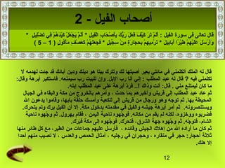 12
‫ل‬ ‫لهدمه‬ ‫جئت‬ ‫قد‬ ‫آبائك‬ ‫ودين‬ ‫دينك‬ ‫هو‬ ‫بيتا‬ ‫وتترك‬ ‫لك‬ ‫أصبتها‬ ‫بعير‬ ‫مائتي‬ ‫في‬ ‫أتكلمني‬ ‫الملك‬ ‫له‬ ‫قال‬
‫فيه‬ ‫تكلمني‬‫المطلب‬ ‫عبد‬ ‫له‬ ‫قال‬ ?:‫وقال‬ ‫أبرهة‬ ‫فاستكبر‬ .‫سيمنعه‬ ‫رب‬ ‫للبيت‬ ‫وإن‬ .‫البل‬ ‫رب‬ ‫أنا‬ ‫إني‬ :
‫مني‬ ‫ليمتنع‬ ‫كان‬ ‫ما‬‫وذاك‬ ‫أنت‬ :‫قال‬ ..‫إبله‬ ‫المطلب‬ ‫عبد‬ ‫على‬ ‫أبرهة‬ ‫د‬ّ‫ر‬‫فر‬ ..!
‫حدث‬ ‫بما‬ ‫وأخبرهم‬ ‫قريش‬ ‫إلى‬ ‫المطلب‬ ‫عبد‬ ‫عاد‬ ‫ثم‬‫الجبال‬ ‫في‬ ‫والبقاء‬ ‫مكة‬ ‫من‬ ‫بالخروج‬ ‫وأمرهم‬ ،
‫ال‬ ‫يدعون‬ ‫وقاموا‬ ،‫بابها‬ ‫حلقة‬ ‫وأمسك‬ ‫للكعبة‬ ‫إلى‬ ‫قريش‬ ‫من‬ ‫ورجال‬ ‫وهو‬ ‫توجه‬ ‫ثم‬ .‫بها‬ ‫المحيطة‬
.‫ويستنصرونه‬.‫يتحرك‬ ‫ولم‬ ‫برك‬ ‫الفيل‬ ‫أن‬ ‫إل‬ .‫مكة‬ ‫بدخول‬ ‫مقدمته‬ ‫في‬ ‫والفيل‬ ‫جيشه‬ ‫أبرهة‬ ‫أمر‬ ‫ثم‬
‫اليمن‬ ‫ناحية‬ ‫جهوه‬ّ‫ر‬ ‫فو‬ .‫مكانه‬ ‫من‬ ‫يقم‬ ‫لم‬ ‫لكنه‬ ،‫ووخزوه‬ ‫فضربوه‬‫ناحية‬ ‫جهوه‬ّ‫ر‬ ‫و‬ ‫ثم‬ .‫يهرول‬ ‫فقام‬ ،
.‫رك‬َ‫ًد‬ ‫ب‬َ‫ًد‬‫ف‬َ‫ًد‬ ‫مكة‬ ‫إلى‬ ‫جهوه‬ّ‫ر‬ ‫فو‬ .‫رك‬ّ‫ر‬ ‫فتح‬ ،‫الشرق‬ ‫جهة‬ ‫جهوه‬ّ‫ر‬ ‫و‬ ‫ثم‬ .‫جه‬ّ‫ر‬ ‫فتو‬ ،‫الشام‬
‫وقائده‬ ‫الجيش‬ ‫إهلك‬ ‫من‬ ‫ال‬ ‫أراده‬ ‫ما‬ ‫كان‬ ‫ثم‬،،‫الطير‬ ‫من‬ ‫جماعات‬ ‫عليهم‬ ‫فأرسل‬‫منها‬ ‫طائر‬ ‫كل‬ ‫مع‬
‫منقاره‬ ‫في‬ ‫حجر‬ :‫أحجار‬ ‫ثلثة‬،‫رجليه‬ ‫في‬ ‫وحجران‬،‫والعدس‬ ‫الحمص‬ ‫أمثال‬،‫أحدا‬ ‫منهم‬ ‫تصيب‬ ‫ل‬
.‫هلك‬ ‫إل‬
: ‫الفيل‬ ‫سورة‬ ‫فى‬ ‫تعالى‬ ‫قال‬‫ل‬ِ‫ُث‬ ‫في‬ِ‫ُث‬‫ل‬ْ‫َص‬‫ا‬ ‫ب‬ِ‫ُث‬ ‫حا‬َ‫ًد‬ ‫ص‬ْ‫َص‬ ‫أ‬َ‫ًد‬‫ب‬ِ‫ُث‬ ‫ك‬َ‫ًد‬ ‫ب‬ُّ ‫ر‬َ‫ًد‬ ‫ل‬َ‫ًد‬ ‫ع‬َ‫ًد‬ ‫ف‬َ‫ًد‬ ‫ف‬َ‫ًد‬ ‫ي‬ْ‫َص‬‫ك‬َ‫ًد‬ ‫ر‬َ‫ًد‬ ‫ت‬َ‫ًد‬ ‫م‬ْ‫َص‬ ‫ل‬َ‫ًد‬‫أ‬َ‫ًد‬*‫ل‬ٍ  ‫لي‬ِ‫ُث‬‫ض‬ْ‫َص‬ ‫ت‬َ‫ًد‬ ‫في‬ِ‫ُث‬ ‫م‬ْ‫َص‬ ‫ه‬ُ‫او‬ ‫د‬َ‫ًد‬‫ي‬ْ‫َص‬‫ك‬َ‫ًد‬ ‫ل‬ْ‫َص‬ ‫ع‬َ‫ًد‬ ‫ج‬ْ‫َص‬ ‫ي‬َ‫ًد‬ ‫م‬ْ‫َص‬ ‫ل‬َ‫ًد‬‫أ‬َ‫ًد‬*
‫ل‬َ‫ًد‬ ‫بي‬ِ‫ُث‬‫با‬َ‫ًد‬‫أ‬َ‫ًد‬ ‫را‬ً‫ ا‬ ‫ي‬ْ‫َص‬‫ط‬َ‫ًد‬ ‫م‬ْ‫َص‬ ‫ه‬ِ‫ُث‬ ‫ي‬ْ‫َص‬‫ل‬َ‫ًد‬‫ع‬َ‫ًد‬ ‫ل‬َ‫ًد‬ ‫س‬َ‫ًد‬ ‫ر‬ْ‫َص‬ ‫أ‬َ‫ًد‬‫و‬َ‫ًد‬*‫ل‬ٍ  ‫جي‬ِّ  ‫س‬ِ‫ُث‬ ‫ن‬ْ‫َص‬ ‫م‬ِ‫ُث‬ ‫ة‬ٍ ‫ر‬َ‫ًد‬ ‫جا‬َ‫ًد‬ ‫ح‬ِ‫ُث‬ ‫ب‬ِ‫ُث‬ ‫م‬ْ‫َص‬ ‫ه‬ِ‫ُث‬ ‫مي‬ِ‫ُث‬ ‫ر‬ْ‫َص‬ ‫ت‬َ‫ًد‬*‫ل‬ٍ  ‫كو‬ُ‫او‬‫أ‬ْ‫َص‬‫م‬َ‫ًد‬ ‫ف‬ٍ  ‫ص‬ْ‫َص‬ ‫ع‬َ‫ًد‬ ‫ك‬َ‫ًد‬ ‫م‬ْ‫َص‬ ‫ه‬ُ‫او‬ ‫ل‬َ‫ًد‬‫ع‬َ‫ًد‬ ‫ج‬َ‫ًد‬ ‫ف‬َ‫ًد‬)1–5(
‫أصحاب‬- ‫الفيل‬2
 
