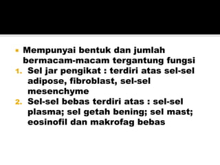 Mempunyai bentuk dan jumlah
bermacam-macam tergantung fungsi
1. Sel jar pengikat : terdiri atas sel-sel
adipose, fibroblast, sel-sel
mesenchyme
2. Sel-sel bebas terdiri atas : sel-sel
plasma; sel getah bening; sel mast;
eosinofil dan makrofag bebas
 