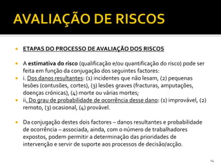  ETAPAS DO PROCESSO DE AVALIAÇÃO DOS RISCOS
 A estimativa do risco (qualificação e/ou quantificação do risco) pode ser
feita em função da conjugação dos seguintes factores:
 i. Dos danos resultantes: (1) incidentes que não lesam, (2) pequenas
lesões (contusões, cortes), (3) lesões graves (fracturas, amputações,
doenças crónicas), (4) morte ou várias mortes;
 ii. Do grau de probabilidade de ocorrência desse dano: (1) improvável, (2)
remoto, (3) ocasional, (4) provável.
 Da conjugação destes dois factores – danos resultantes e probabilidade
de ocorrência – associada, ainda, com o número de trabalhadores
expostos, podem permitir a determinação das prioridades de
intervenção e servir de suporte aos processos de decisão/acção.
14
 
