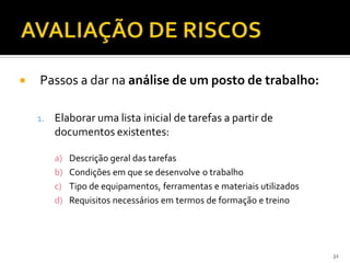  Passos a dar na análise de um posto de trabalho:
1. Elaborar uma lista inicial de tarefas a partir de
documentos existentes:
a) Descrição geral das tarefas
b) Condições em que se desenvolve o trabalho
c) Tipo de equipamentos, ferramentas e materiais utilizados
d) Requisitos necessários em termos de formação e treino
32
 