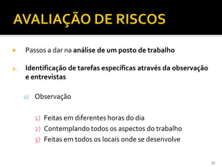  Passos a dar na análise de um posto de trabalho
2. Identificação de tarefas específicas através da observação
e entrevistas
a) Observação
1) Feitas em diferentes horas do dia
2) Contemplando todos os aspectos do trabalho
3) Feitas em todos os locais onde se desenvolve
33
 