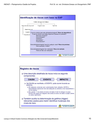 INE5427 – Planejamento e Gestão de Projetos Prof. Dr. rer. nat. Christiane Gresse von Wangenheim, PMP
Licença 2.5 Brasil Creative Commons Atribuição-Uso Não-Comercial-Compartilhamento 10
Identificação de riscos com base na EAP
O que eu preciso para esta atividade/entregável? Risco de dependência
O que eu preciso que esteja disponível (Quando eu precisar)?
Recursos humanos?
Documentação?
Hardware?
Aprovações?
Financiamento?
Esta atividade/entregável assume qualquer coisa? Risco de premissa
Esta suposição é válida?
Esta atividade/entregável tem restrições? Risco de restrição
Pode ser feito com restrições?
Registro de riscos
 Uma descrição detalhada de riscos inclui os seguinte
componentes:
 Se CAUSA se manifesta, o EVENTO pode ocorrer levando ao
EFEITO.
 SE notebooks comerciais sem customizações forem utilizados, ENTÃO a
disponibilidade operacional não será adequada ao ambiente e isto impossibilitará o
uso do sistema;
 SE a versão 1.1 do sistema de banco de dados X não for entregue no prazo,
ENTÃO não poderá ser integrado esta versão do banco de dados e projeto sofrerá
um atraso significativo.
 Também auxilia na determinação de gatilhos (trigger)
relevantes usados para medir/ identificar mudanças dos
níveis de risco.
2
0
CAUSA EVENTO IMPACTO
 