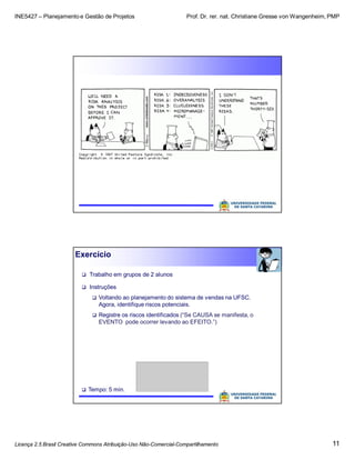 INE5427 – Planejamento e Gestão de Projetos Prof. Dr. rer. nat. Christiane Gresse von Wangenheim, PMP
Licença 2.5 Brasil Creative Commons Atribuição-Uso Não-Comercial-Compartilhamento 11
Exercício
 Trabalho em grupos de 2 alunos
 Instruções
 Voltando ao planejamento do sistema de vendas na UFSC.
Agora, identifique riscos potenciais.
 Registre os riscos identificados (“Se CAUSA se manifesta, o
EVENTO pode ocorrer levando ao EFEITO.”)
 Tempo: 5 min.
 