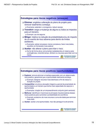 INE5427 – Planejamento e Gestão de Projetos Prof. Dr. rer. nat. Christiane Gresse von Wangenheim, PMP
Licença 2.5 Brasil Creative Commons Atribuição-Uso Não-Comercial-Compartilhamento 19
Estratégias para riscos negativos (ameaças)
 Eliminar: engloba a alteração do plano de projeto para
remover totalmente a ameaça.
 Exemplos: estender o cronograma, reduzir escopo
 Transferir: exige a mudança de alguns ou todos os impactos
para um terceiro.
 Exemplo: uso de seguros
 Mitigar: implica na redução da probabilidade e/ou do impacto
de um evento de risco adverso para dentro de limites
aceitáveis.
 Exemplos: adotar processos menos complexos, fazer mais testes,
escolher um fornecedor mais estável
 Aceitar: não alterar o plano para lidar o risco.
 Se for de forma ativa, comumente é estabelecida um reserva para
contingências, incluindo tempo, dinheiro ou recursos para lidar com os
riscos.
Estratégias para riscos positivos (oportunidades)
 Explorar: procura eliminar a incerteza associada com um determinado
risco positivo, garantindo que a oportunidade realmente aconteça.
 Exemplo: designar recursos mais talentosos a fim de reduzir a
duração do projeto.
 Compartilhar: envolve a alocação integral ou parcial da propriedade da
oportunidade a um terceiro que tenha mais capacidade de capturar a
oportunidade
 Exemplos: criação de um empreendimento conjunto (joint ventures)
 Melhorar: identificar e maximizar os principais impulsionadores desses
riscos positivos para aumentar a probabilidade de ocorrência.
 Exemplo: acréscimo de mais recursos a uma atividade para terminar
mais cedo.
 Aceitar: aceitar uma oportunidade, mas não perseguir-la ativamente.
 