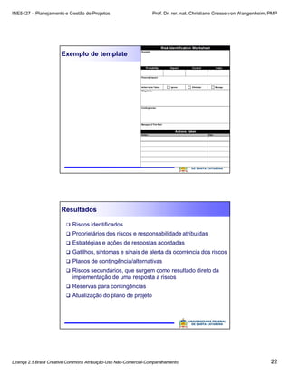 INE5427 – Planejamento e Gestão de Projetos Prof. Dr. rer. nat. Christiane Gresse von Wangenheim, PMP
Licença 2.5 Brasil Creative Commons Atribuição-Uso Não-Comercial-Compartilhamento 22
Exemplo de template
Scenario:
Probability Impact Control Index
Financial Impact:
Action to be Taken: Ignore Eliminate Manage
Mitigations:
Contingencies:
Manager of This Risk:
Date:
Risk Identification Worksheet
Actions Taken
Action:
Resultados
 Riscos identificados
 Proprietários dos riscos e responsabilidade atribuídas
 Estratégias e ações de respostas acordadas
 Gatilhos, sintomas e sinais de alerta da ocorrência dos riscos
 Planos de contingência/alternativas
 Riscos secundários, que surgem como resultado direto da
implementação de uma resposta a riscos
 Reservas para contingências
 Atualização do plano de projeto
 