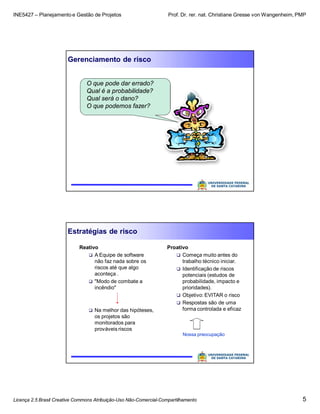 INE5427 – Planejamento e Gestão de Projetos Prof. Dr. rer. nat. Christiane Gresse von Wangenheim, PMP
Licença 2.5 Brasil Creative Commons Atribuição-Uso Não-Comercial-Compartilhamento 5
Gerenciamento de risco
O que pode dar errado?
Qual é a probabilidade?
Qual será o dano?
O que podemos fazer?
Estratégias de risco
Reativo
 A Equipe de software
não faz nada sobre os
riscos até que algo
aconteça .
 "Modo de combate a
incêndio"
 Na melhor das hipóteses,
os projetos são
monitorados para
prováveis riscos
Proativo
 Começa muito antes do
trabalho técnico iniciar.
 Identificação de riscos
potenciais (estudos de
probabilidade, impacto e
prioridades).
 Objetivo: EVITAR o risco
 Respostas são de uma
forma controlada e eficaz
Nossa preocupação
 