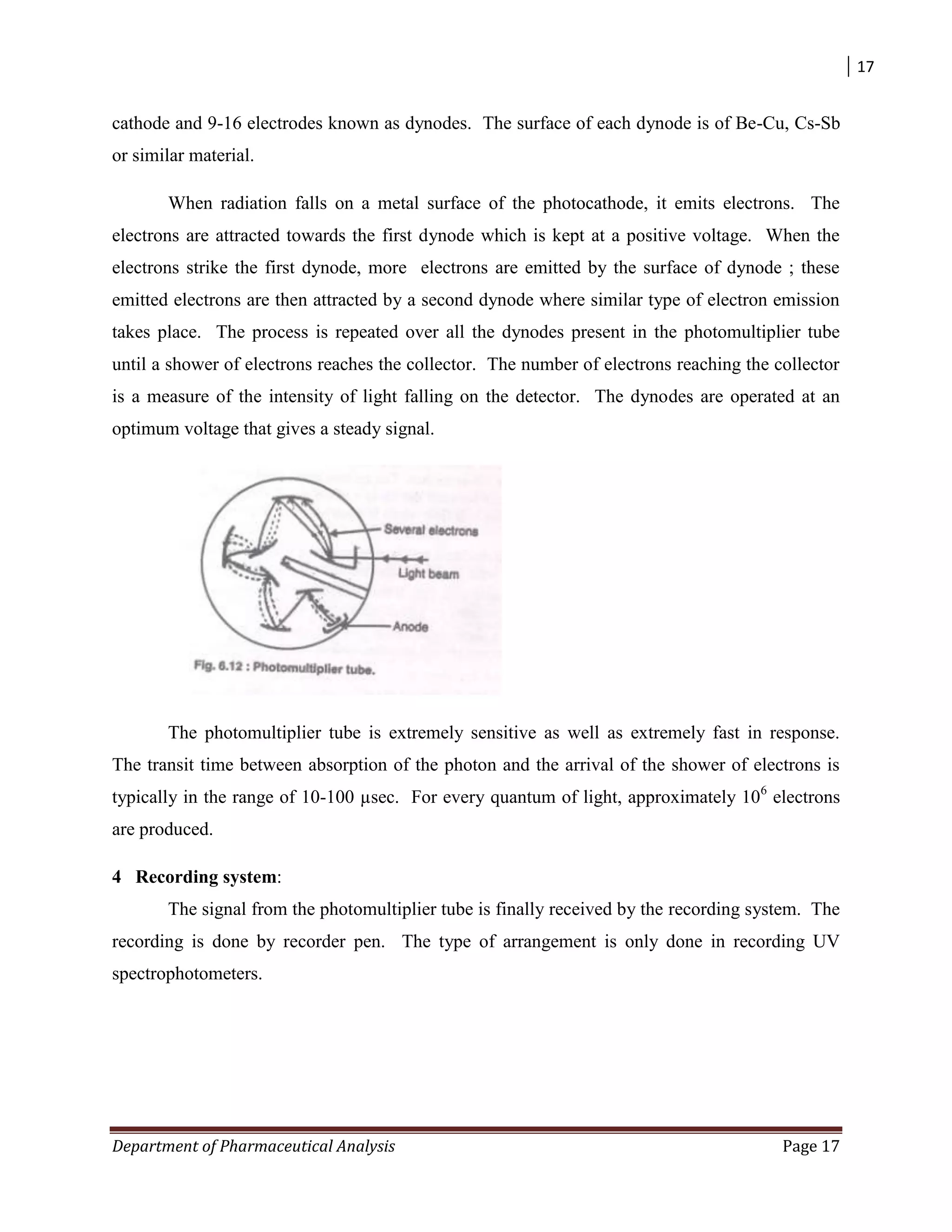 17
Department of Pharmaceutical Analysis Page 17
cathode and 9-16 electrodes known as dynodes. The surface of each dynode is of Be-Cu, Cs-Sb
or similar material.
When radiation falls on a metal surface of the photocathode, it emits electrons. The
electrons are attracted towards the first dynode which is kept at a positive voltage. When the
electrons strike the first dynode, more electrons are emitted by the surface of dynode ; these
emitted electrons are then attracted by a second dynode where similar type of electron emission
takes place. The process is repeated over all the dynodes present in the photomultiplier tube
until a shower of electrons reaches the collector. The number of electrons reaching the collector
is a measure of the intensity of light falling on the detector. The dynodes are operated at an
optimum voltage that gives a steady signal.
The photomultiplier tube is extremely sensitive as well as extremely fast in response.
The transit time between absorption of the photon and the arrival of the shower of electrons is
typically in the range of 10-100 µsec. For every quantum of light, approximately 106
electrons
are produced.
4 Recording system:
The signal from the photomultiplier tube is finally received by the recording system. The
recording is done by recorder pen. The type of arrangement is only done in recording UV
spectrophotometers.
 