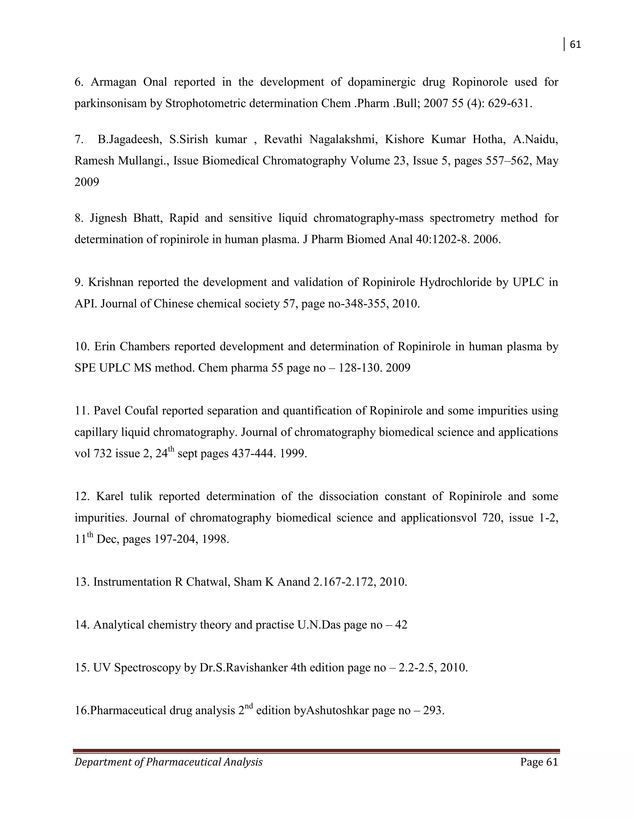 61
Department of Pharmaceutical Analysis Page 61
6. Armagan Onal reported in the development of dopaminergic drug Ropinorole used for
parkinsonisam by Strophotometric determination Chem .Pharm .Bull; 2007 55 (4): 629-631.
7. B.Jagadeesh, S.Sirish kumar , Revathi Nagalakshmi, Kishore Kumar Hotha, A.Naidu,
Ramesh Mullangi., Issue Biomedical Chromatography Volume 23, Issue 5, pages 557–562, May
2009
8. Jignesh Bhatt, Rapid and sensitive liquid chromatography-mass spectrometry method for
determination of ropinirole in human plasma. J Pharm Biomed Anal 40:1202-8. 2006.
9. Krishnan reported the development and validation of Ropinirole Hydrochloride by UPLC in
API. Journal of Chinese chemical society 57, page no-348-355, 2010.
10. Erin Chambers reported development and determination of Ropinirole in human plasma by
SPE UPLC MS method. Chem pharma 55 page no – 128-130. 2009
11. Pavel Coufal reported separation and quantification of Ropinirole and some impurities using
capillary liquid chromatography. Journal of chromatography biomedical science and applications
vol 732 issue 2, 24th
sept pages 437-444. 1999.
12. Karel tulik reported determination of the dissociation constant of Ropinirole and some
impurities. Journal of chromatography biomedical science and applicationsvol 720, issue 1-2,
11th
Dec, pages 197-204, 1998.
13. Instrumentation R Chatwal, Sham K Anand 2.167-2.172, 2010.
14. Analytical chemistry theory and practise U.N.Das page no – 42
15. UV Spectroscopy by Dr.S.Ravishanker 4th edition page no – 2.2-2.5, 2010.
16.Pharmaceutical drug analysis 2nd
edition byAshutoshkar page no – 293.
 