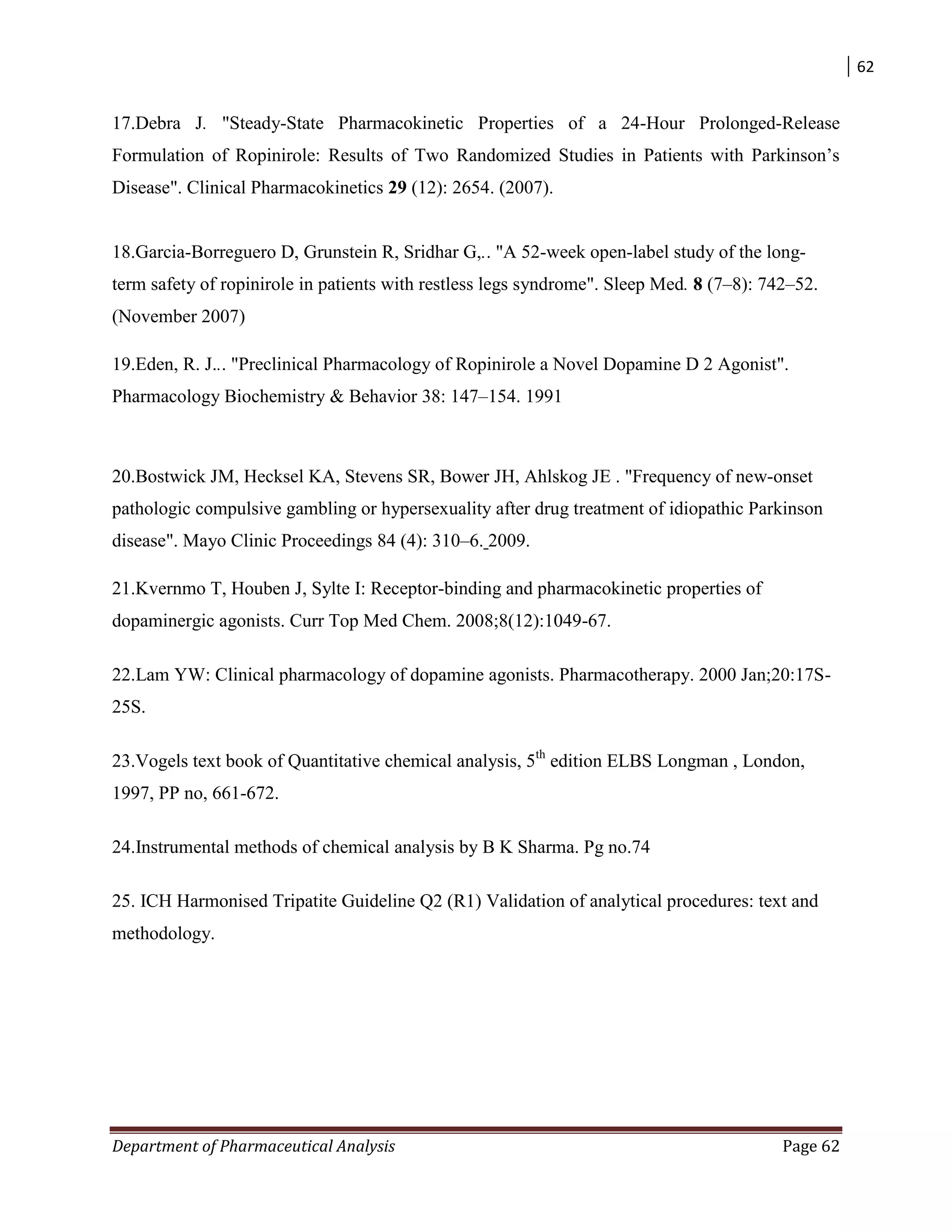 62
Department of Pharmaceutical Analysis Page 62
17.Debra J. "Steady-State Pharmacokinetic Properties of a 24-Hour Prolonged-Release
Formulation of Ropinirole: Results of Two Randomized Studies in Patients with Parkinson‟s
Disease". Clinical Pharmacokinetics 29 (12): 2654. (2007).
18.Garcia-Borreguero D, Grunstein R, Sridhar G,.. "A 52-week open-label study of the long-
term safety of ropinirole in patients with restless legs syndrome". Sleep Med. 8 (7–8): 742–52.
(November 2007)
19.Eden, R. J... "Preclinical Pharmacology of Ropinirole a Novel Dopamine D 2 Agonist".
Pharmacology Biochemistry & Behavior 38: 147–154. 1991
20.Bostwick JM, Hecksel KA, Stevens SR, Bower JH, Ahlskog JE . "Frequency of new-onset
pathologic compulsive gambling or hypersexuality after drug treatment of idiopathic Parkinson
disease". Mayo Clinic Proceedings 84 (4): 310–6. 2009.
21.Kvernmo T, Houben J, Sylte I: Receptor-binding and pharmacokinetic properties of
dopaminergic agonists. Curr Top Med Chem. 2008;8(12):1049-67.
22.Lam YW: Clinical pharmacology of dopamine agonists. Pharmacotherapy. 2000 Jan;20:17S-
25S.
23.Vogels text book of Quantitative chemical analysis, 5th
edition ELBS Longman , London,
1997, PP no, 661-672.
24.Instrumental methods of chemical analysis by B K Sharma. Pg no.74
25. ICH Harmonised Tripatite Guideline Q2 (R1) Validation of analytical procedures: text and
methodology.
 